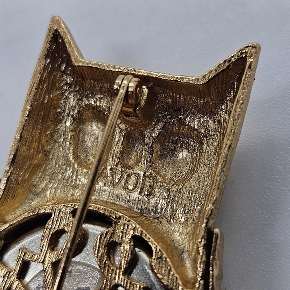 1960s Avon glace solid perfume owl pin with green rhinestone eyes in Cotillion - Picture 3 of 5